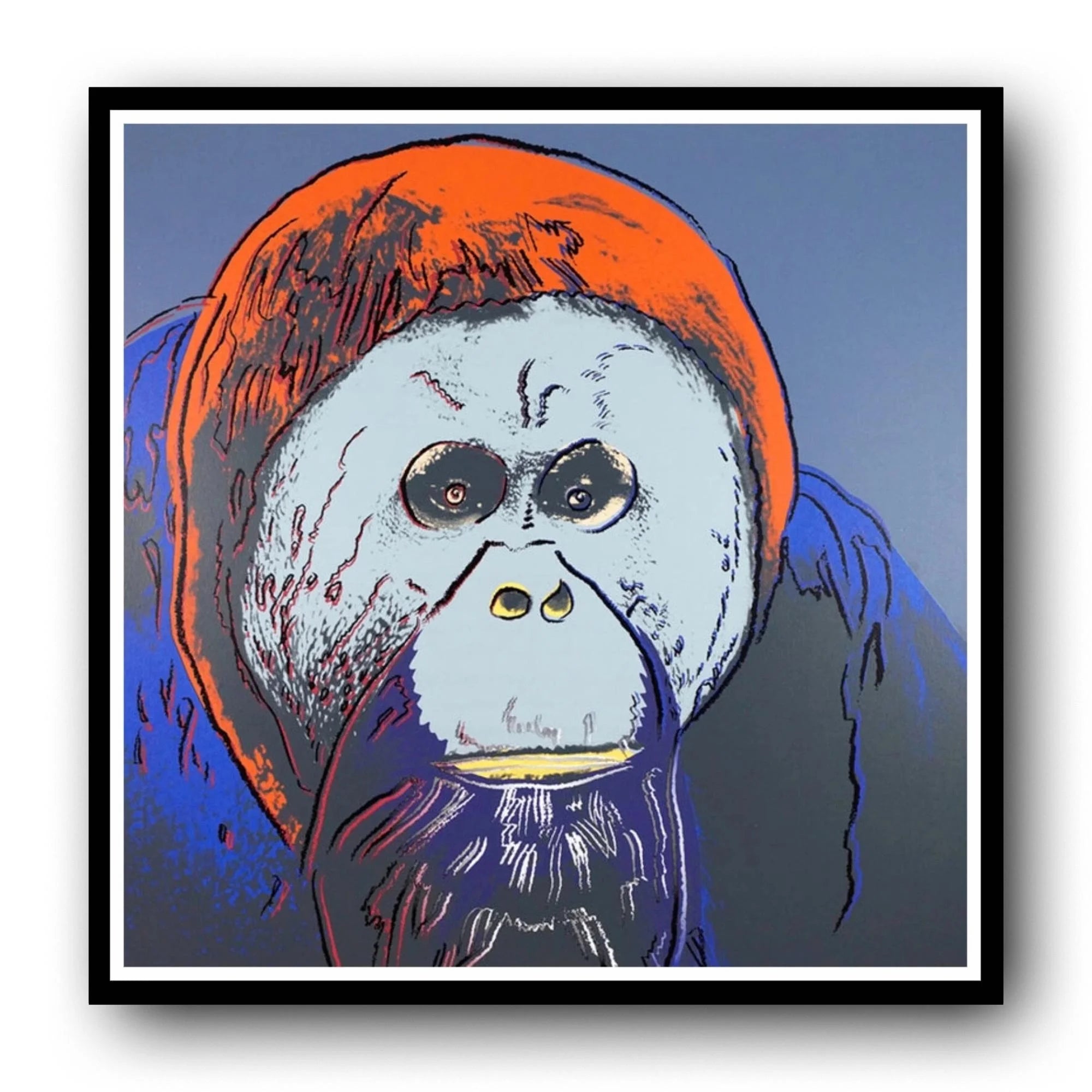 Framed artwork of a stylized orangutan with a red head and blue body on a white background.